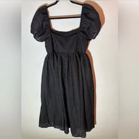 Lulus NWT “Adorable Mood” Black Floral Jacquard Puff Sleeve Babydoll Dress Large - Picture 11 of 16